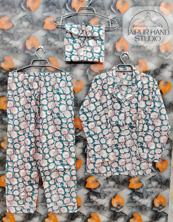 Indian PJ Set,100% Cotton Block Print Pajama Set, Night Wear, Bridesmaid Pajama Set, Womens pajamas Set Cotton Pants Shirt sets,Summer Dress