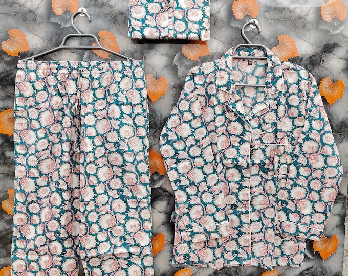 Indian PJ Set,100% Cotton Block Print Pajama Set, Night Wear, Bridesmaid Pajama Set, Womens pajamas Set Cotton Pants Shirt sets,Summer Dress