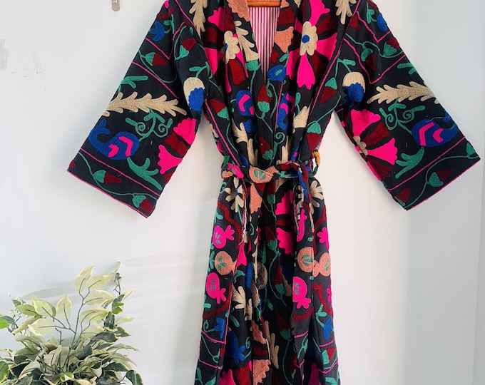 Handmade Embroidery women suzani kimono | winter wear long coat | Bridesmaid suzani robe | Niddle work Embroidery robe | Gift for Christmas.