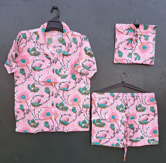 Floral block print fabric made women's sleepwear | handmade cute Pj set | pure soft cotton made | pink color Pj is so OSM with floral print