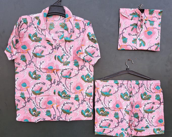 Floral block print fabric made women's sleepwear | handmade cute Pj set | pure soft cotton made | pink color Pj is so OSM with floral print
