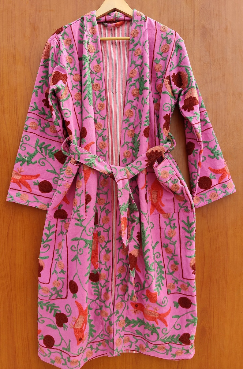 Suzani Work Kimono, Hand Embroidered Suzani Work Kimono, Hand Embroidered Robe, Cotton Kimono Jacket, Tie Belt Coat, Bath Robe Dressing Gown image 1