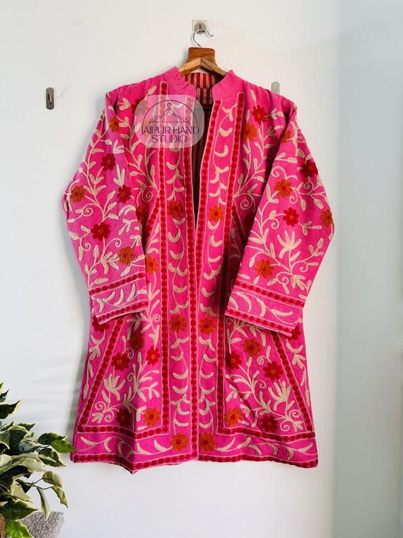 Pink color suzani long jacket | Handmade Niddle Embroidery jacket | Floral Embroidery coat | women winter wear jacket | Gift for Christmas.