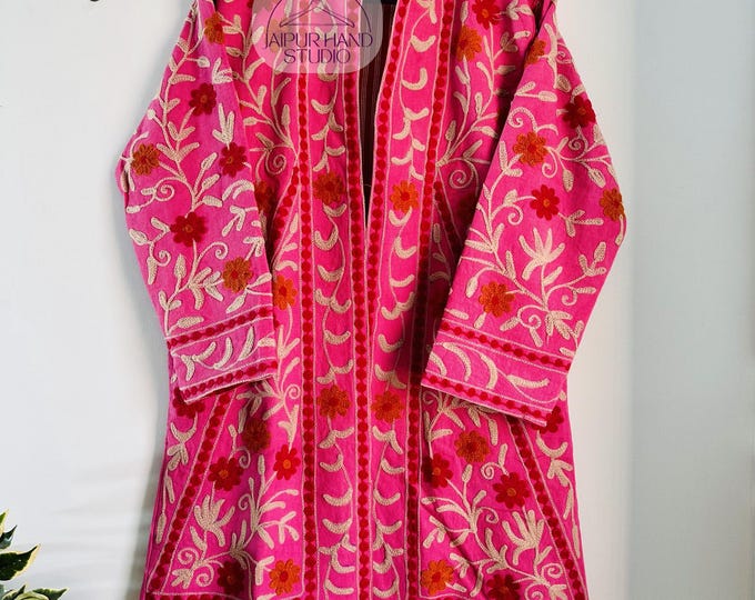 Pink color suzani long jacket | Handmade Niddle Embroidery jacket | Floral Embroidery coat | women winter wear jacket | Gift for Christmas.