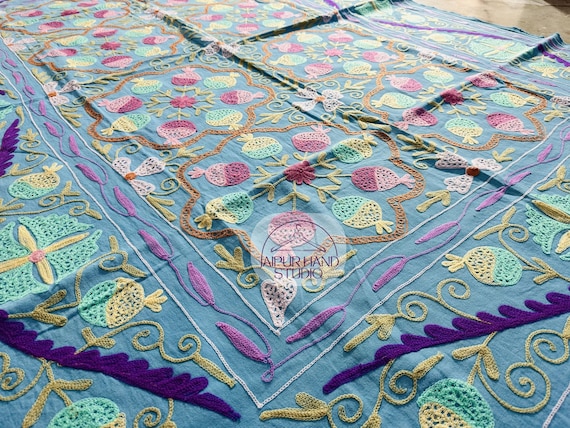 Blue color embroidery bedspread | beautiful multicolor suzani bedsheet | handmade embroidery table cover | Antique Look table cover.