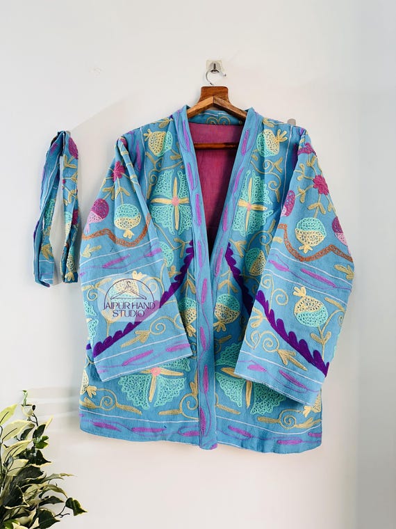 Blue color suzani mini kimono robe| Handmade suzani robe | women wear robe| Niddle work short jacket | partywear coat | Special Gift for her