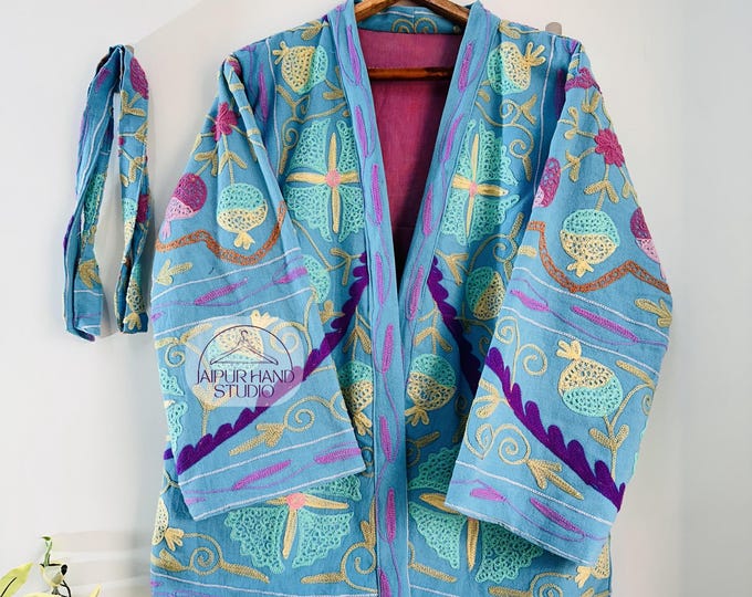 Blue color suzani mini kimono robe| Handmade suzani robe | women wear robe| Niddle work short jacket | partywear coat | Special Gift for her