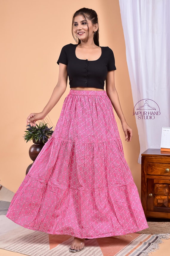 Beautiful pink color cotton maxi | Hand block print skirts| Home wear skirts | Elastic cotton skirt | Bridesmaid skirts | Gift for Christmas