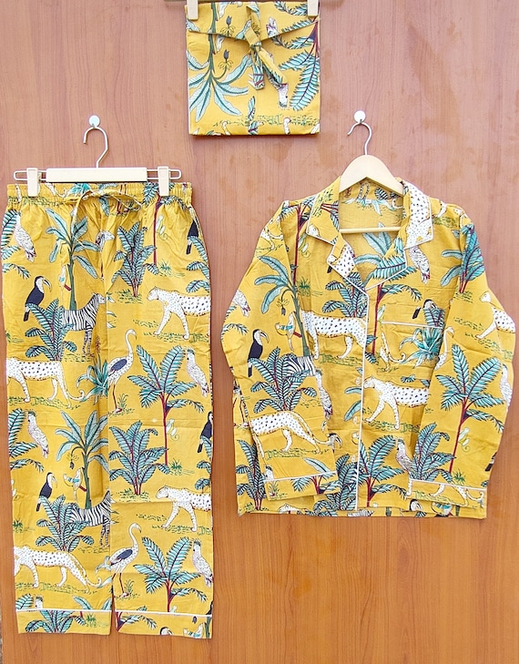 Indian Jungle print Cotton Pajama Set Women Night Dress Yellow Color Light Ultra-Soft Night Dress Women Cotton Pants Shirt Set Gifts for Her