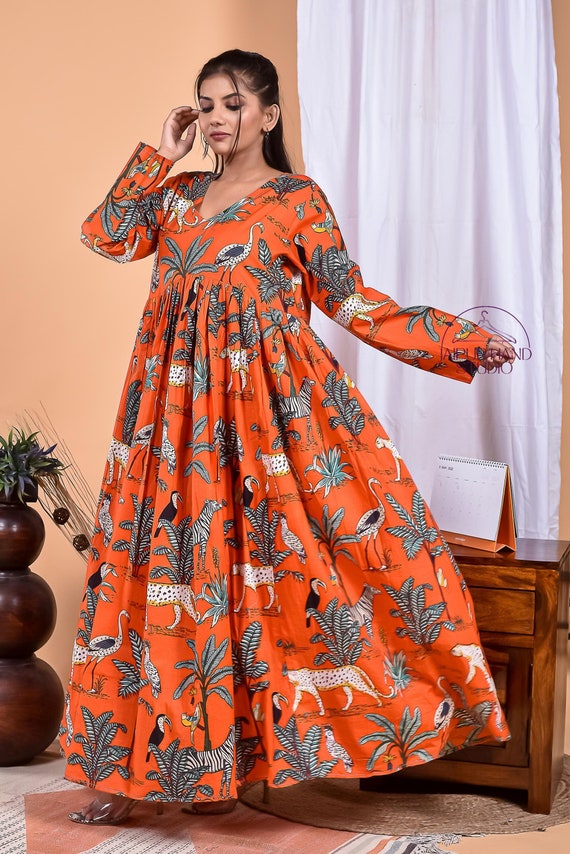 Jungle prints cotton midi dress | Women beach wear gown | wedding wear long sleeve dress | Bridesmaid dress | Gift for Christmas.