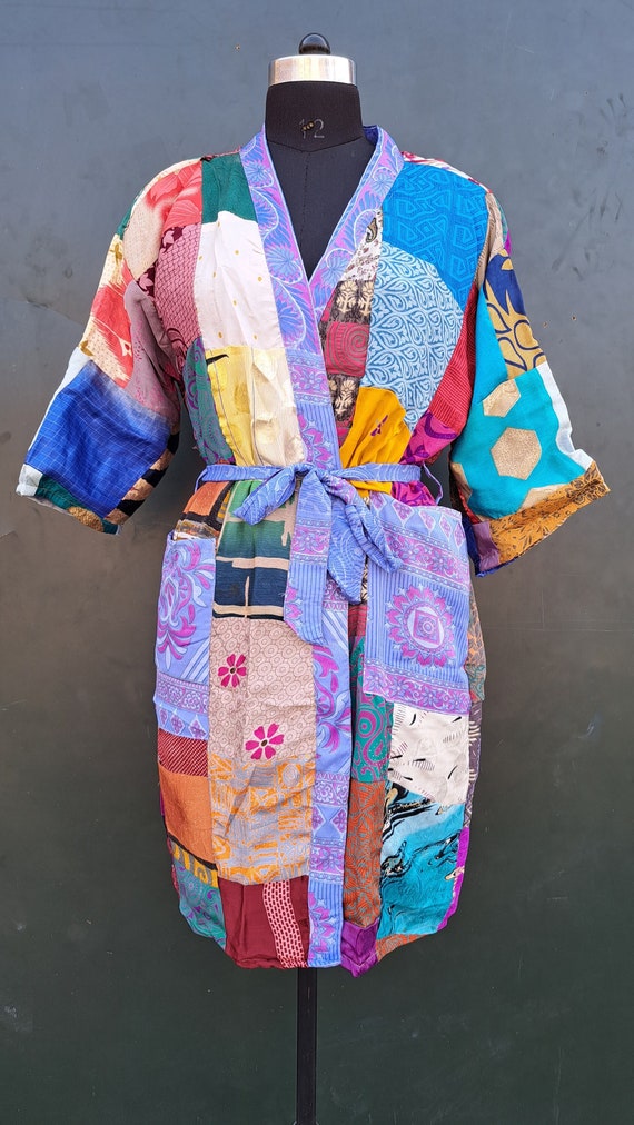 Beautiful Dressing Gown, Silk Patchwork Kimono, Handmade Silk Kimono, Multi Patchwork Kimono, Women Silk Bathrobe, Night Robe, Gift For Her