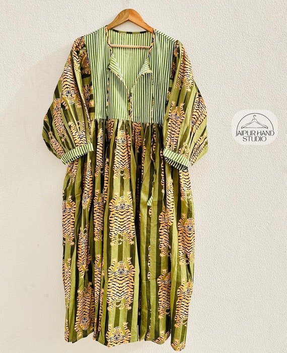 Tiger Print Dress, Hand block Cotton Dress, Indian Print Dress, Cotton Summer Dress, Block Print Dress, Long Dresses, Gift For Him