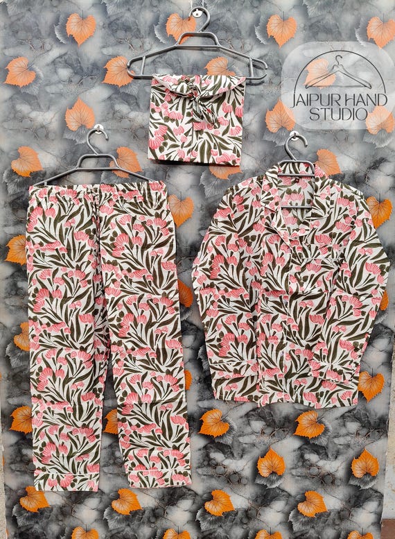 Indian Floral print Cotton Pajama Set Women Night Dress white Color Light Ultra-Soft Night Dress Women Cotton Pants Shirt Set With begs Set