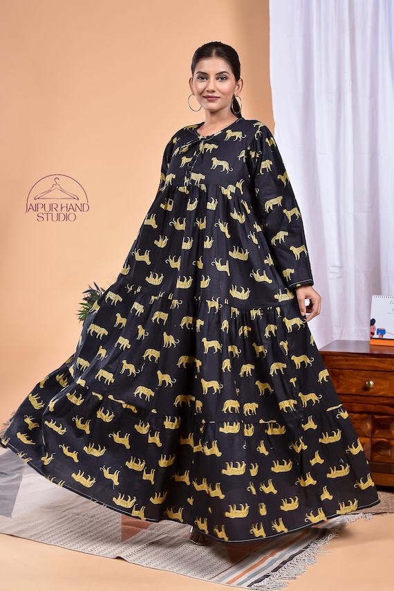 Black color tiger print cotton dress | Block print long sleeve dress | Women party wear gown | women night wear maxi | Gift for Christmas.