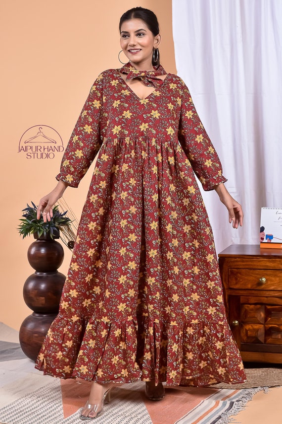 Floral block print cotton women wear | Wedding wear long dress | Long sleeve long midi dress | Unoique neckline cotton dress | Gift for her.