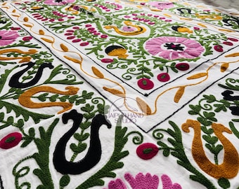 white color bedspread | Multicolor Niddle work bed cover | handmade throws | Embroidery blanket | suzani table cover | Gift for Christmas.