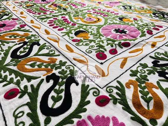 white color bedspread | Multicolor Niddle work bed cover | handmade throws | Embroidery blanket | suzani table cover | Gift for Christmas.