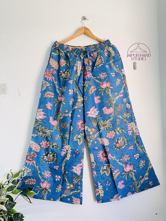 Blue color women wear cotton palazzo | Beautiful women yoga pants | Hand block print pajamas | Summer wear pant | Gift for Christmas.