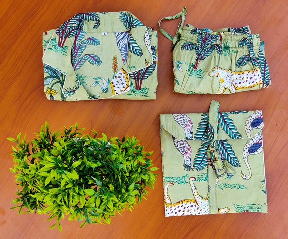 Jungle Animal Print short Pajamas,Jungle Print Pure Cotton Pj’s, Pajamas Set ,Indian Cotton,Night Wear, Soft Cotton Night Suit- Gift For Her