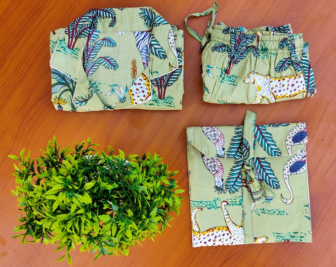 Jungle Animal Print short Pajamas,Jungle Print Pure Cotton Pj’s, Pajamas Set ,Indian Cotton,Night Wear, Soft Cotton Night Suit- Gift For Her