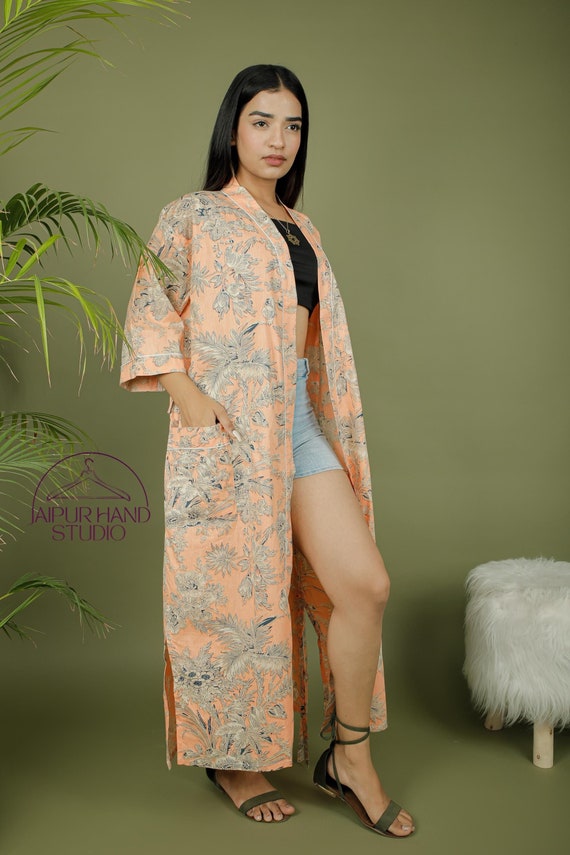 women wear block print cotton kimono | Floral Printed bath robes | Wedding wear robes | Boho party wear long dress | Gift for Christmas.