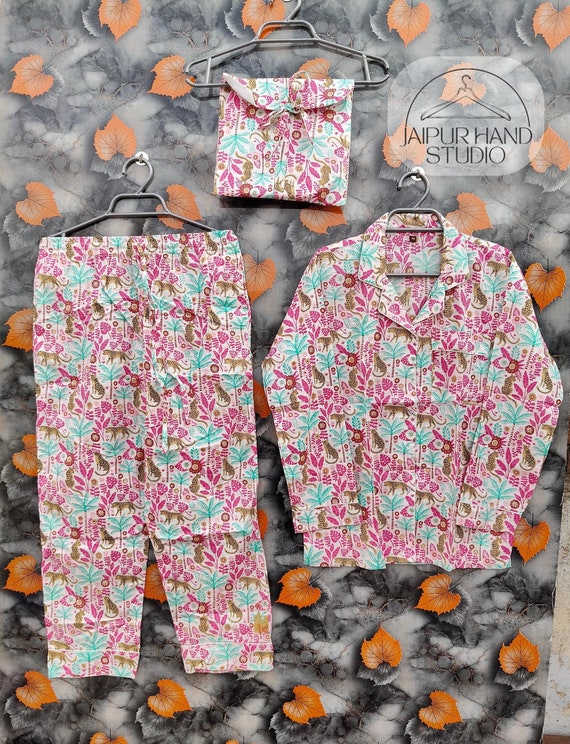 Indian Cotton Pajama Set Cotton Hand Block Print 100% Cotton Light Ultra-Soft Night Dress Women Cotton Pants Shirt Set With begs Set Blue