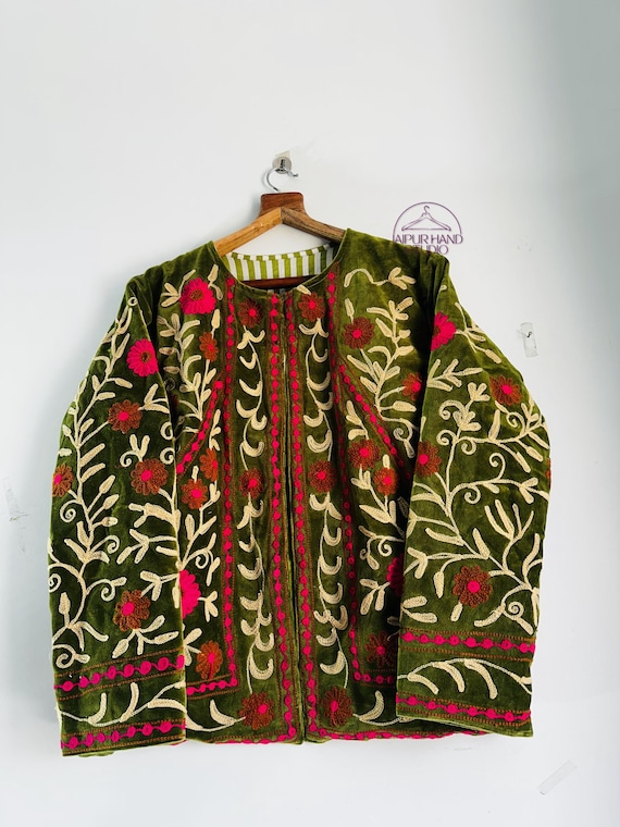 handmade Suzani Wollen thread Embroidery Jacket | Ladies short bomber coat | cotton Jacket for Women | Bohemian Style jacket | Gift For her.