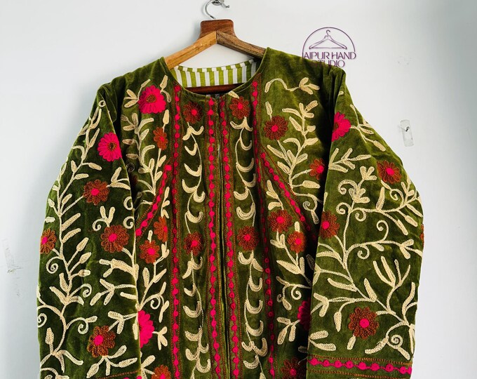 handmade Suzani Wollen thread Embroidery Jacket | Ladies short bomber coat | cotton Jacket for Women | Bohemian Style jacket | Gift For her.