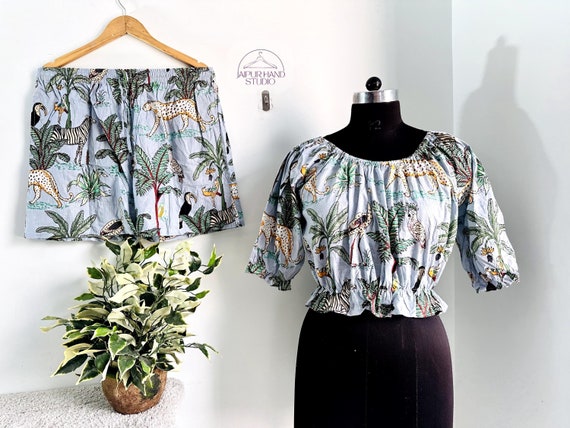 Jungle Print Sumeer Dress Women Wear Top And Shorts Set Indian Women Dress For Hand Made Bohemian Boho Hippie Gifts Dress Hand Block Print