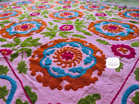 pink color Handmade Embroidery suzani bedcover | suzani bedding home decor | Wall hanging throws suzani | suzani blankets | Gift for her.