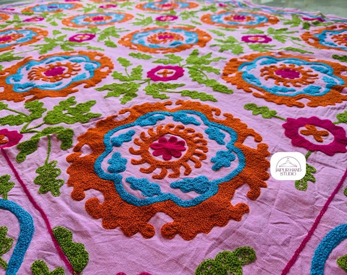 pink color Handmade Embroidery suzani bedcover | suzani bedding home decor | Wall hanging throws suzani | suzani blankets | Gift for her.