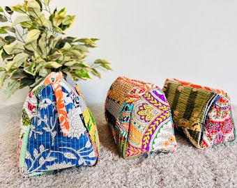 Set Of 3 assorted  print peach work fabric Bridesmaid Makeup Bag Cosmetic Bag Cotton Toiletry Kits Hand Block Print Bag Waterproof Wash Bag