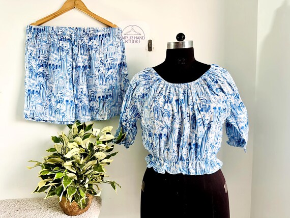 white and blue color dress, blue color linen dress, cotton fabric top and short, Indian hand block print, women's wear dress, gift for her