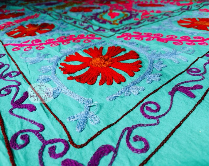 Rama green color cotton niddle work suzani bedsheet | Uzbek suzani king size tapestry | Suzani bedspread | Bridesmaid suzani | Gift for her.