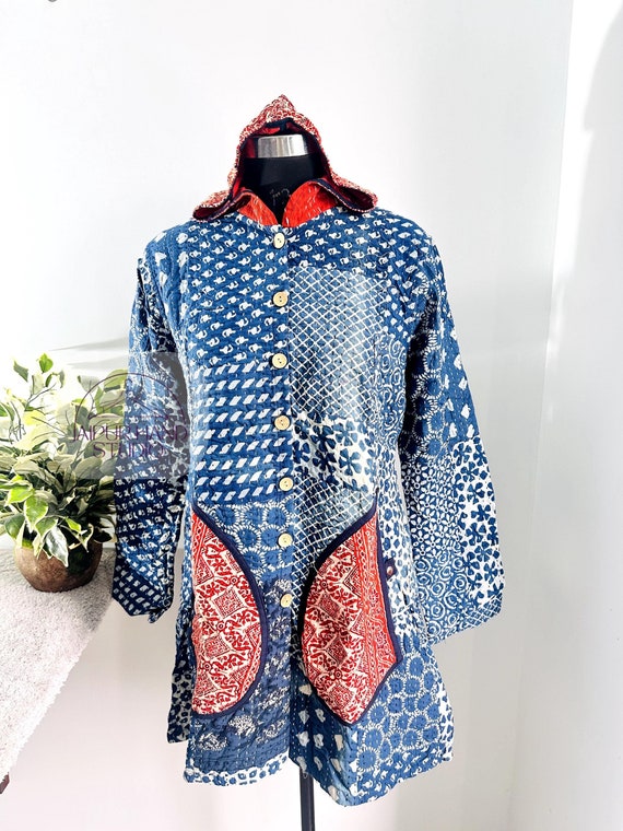 Blue and red color, new patchwork coat and jacket, long sleeve & hood jacket with 2 pocket ,wear in winter, wear in her wedding, gift for hr