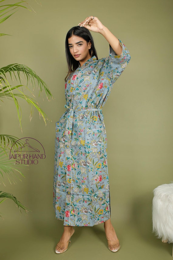 Grey color floral print cotton robes| Unisex bath robes | Beach wear kimono robe | Hand block print kimono | Bridesmaid robes | Gift for her