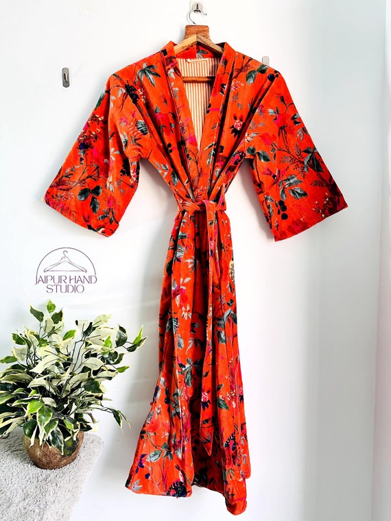 New red velvet cotton kimono bath robe, women's wear kimono, floral print kimono, V-neck kimono, Indian hand Bock print ,Gift for Christmas