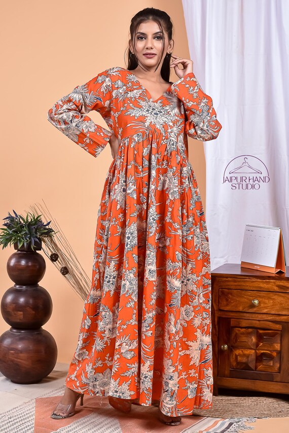 Orange color beautiful leaves print cotton midi dress | Women wedding wear dress | Party wear gown | Bridesmaid dress | Gift for Christmas.