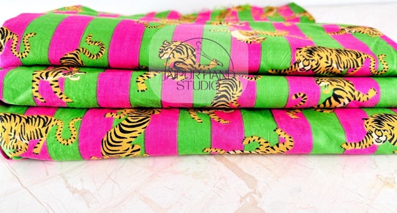 New Tiger Print Cotton Fabric, Indian Handmade Fabric, Printed Fabric, Sewing Fabric By The Yard, Dressmaking Fabric,Cute Stripe With tiger