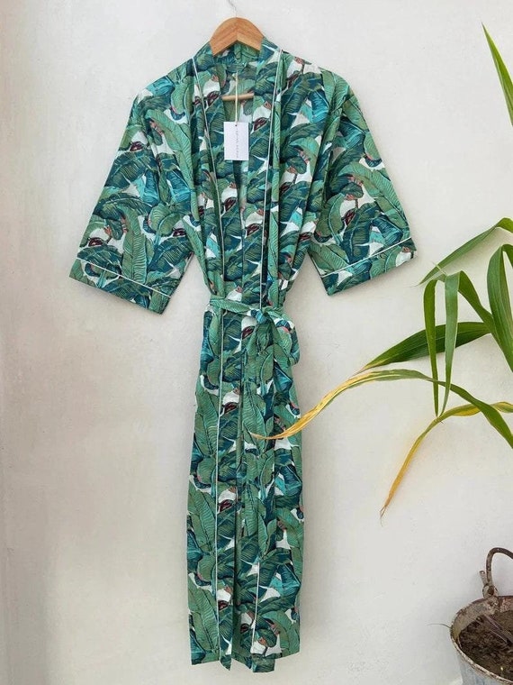 Leaf Print Pure Cotton Indian Block printed House Robe Summer Kimono | Floral Beach Coverup/Comfy Maternity Spring Oriental Beauty kimono