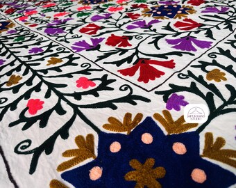 White color Uzbek suzani tapestry | Multicolor floral Embroidery suzani bedspread | Wall hanging suzani throws | Home decor suzani .
