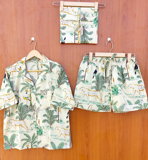 Womens Short PJ Set, Indian 100% Cotton Shortewear, Women's Pajama set's, Tiger print pajama set's, Bridesmaid gift, short pajama set, Gift