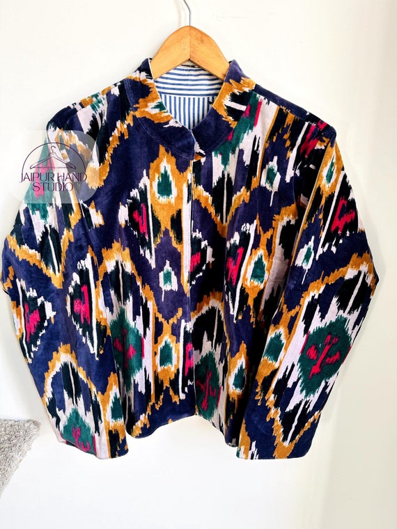 Multi Color Handmade ikat pattern jacket | velvet Cotton Winter Jacket & Coat | Bohemian Style | Unisex Short velvet jacket | Gift for her.