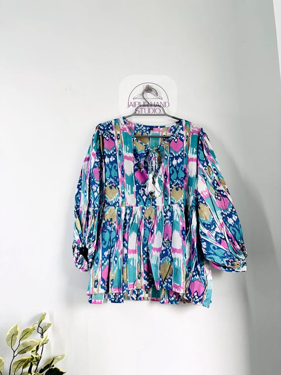 Floral Block Print Cotton Summer Dress Boho Sundress Midi Dress Mini Dress Summer Party Dress v- Neck With String Closer