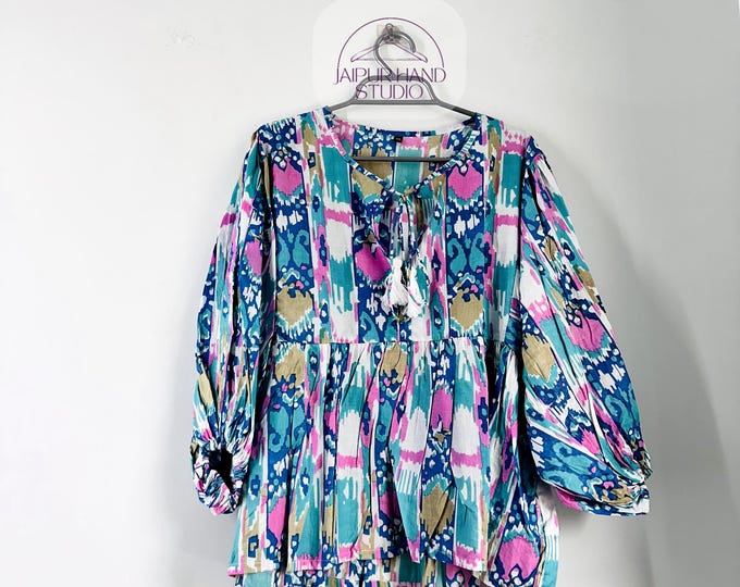Floral Block Print Cotton Summer Dress Boho Sundress Midi Dress Mini Dress Summer Party Dress v- Neck With String Closer