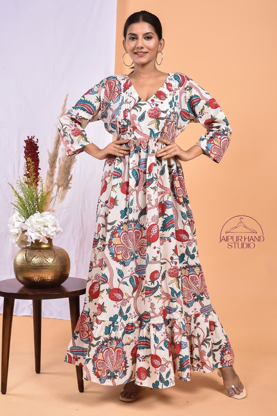 White color floral print dress | Handmade cotton dress | Party wear dress | Cotton long midi dress | Bridesmaid dress | Gift for Christmas.