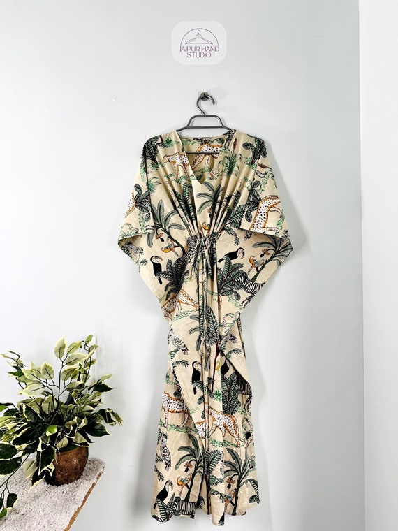 Indian Handmade Cotton Jungle Printed Beach Summer Swim Wear Dress Long Kaftan Tunic Night Wear Gown Dress Long Kaftan