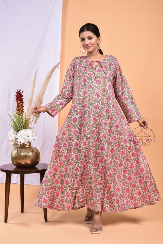 Hand block print women dresses | Wedding and party wear long midi | Long sleeve midi dress | Bridesmaid dress | Gift for Christmas.