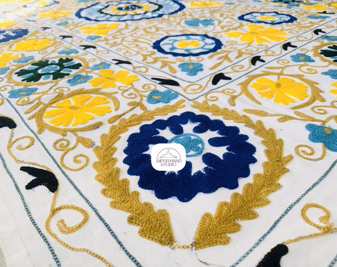 Indian handmade suzani soft blanket | Beautiful white and multicolor bedspread | Suzani king size tapestry | Suzani throws | Gift for her.