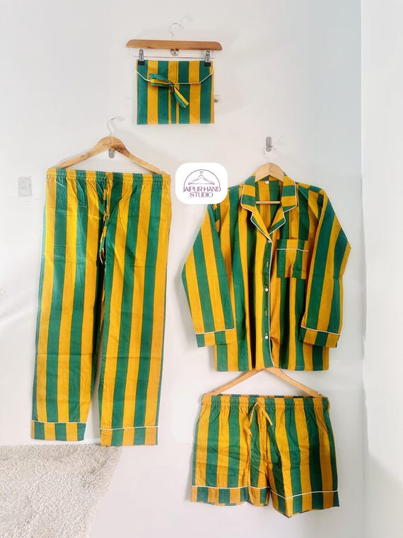 Yellow and green color cotton made Pj set | Home wear pajamas | Block print women night suit | Bridesmaid pajamas | Gift for Christmas.
